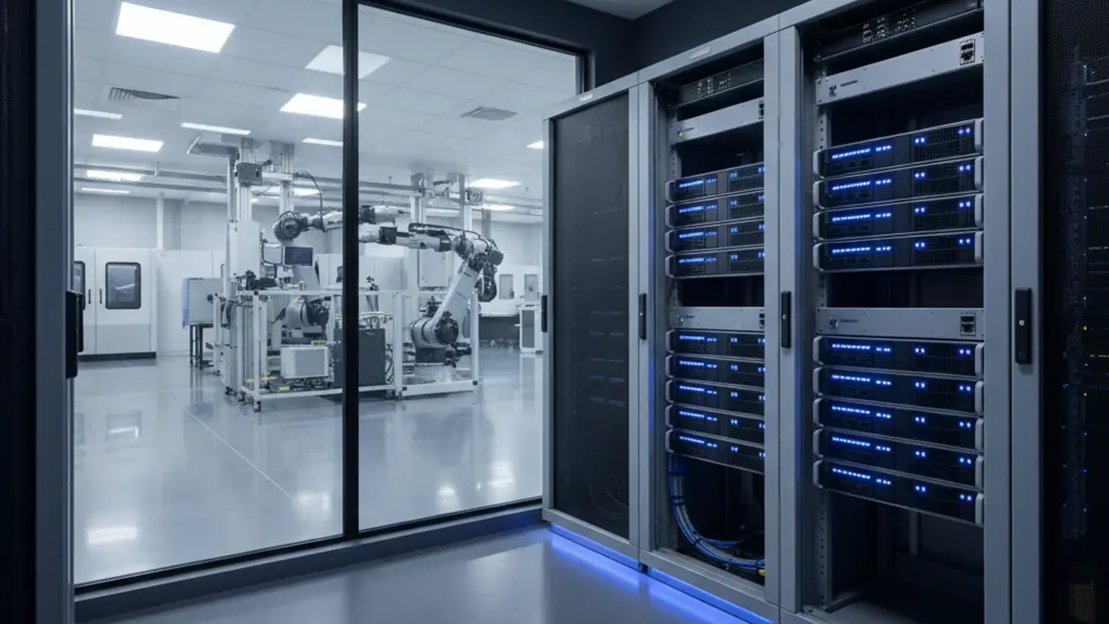 Enterprise firewall infrastructure in a manufacturing facility server room with blue LED indicators — representing CMMC-compliant network security