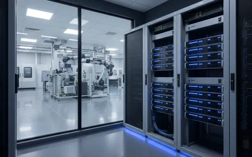 Enterprise firewall infrastructure in a manufacturing facility server room with blue LED indicators — representing CMMC-compliant network security