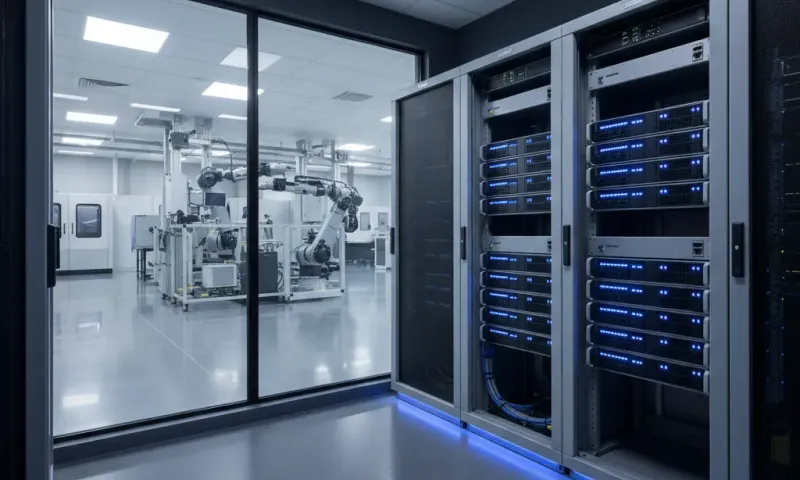 Enterprise firewall infrastructure in a manufacturing facility server room with blue LED indicators — representing CMMC-compliant network security