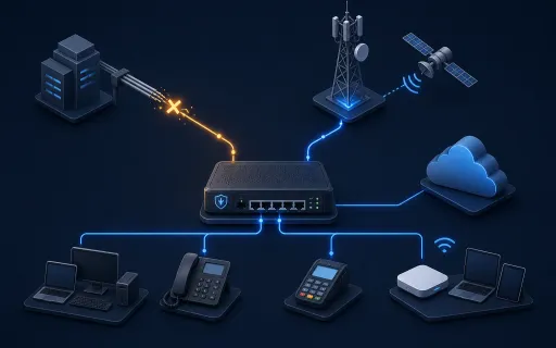 Conceptual dual-WAN network with a failed wired connection and an active cellular and satellite backup path serving cloud, voice, payment, and office devices