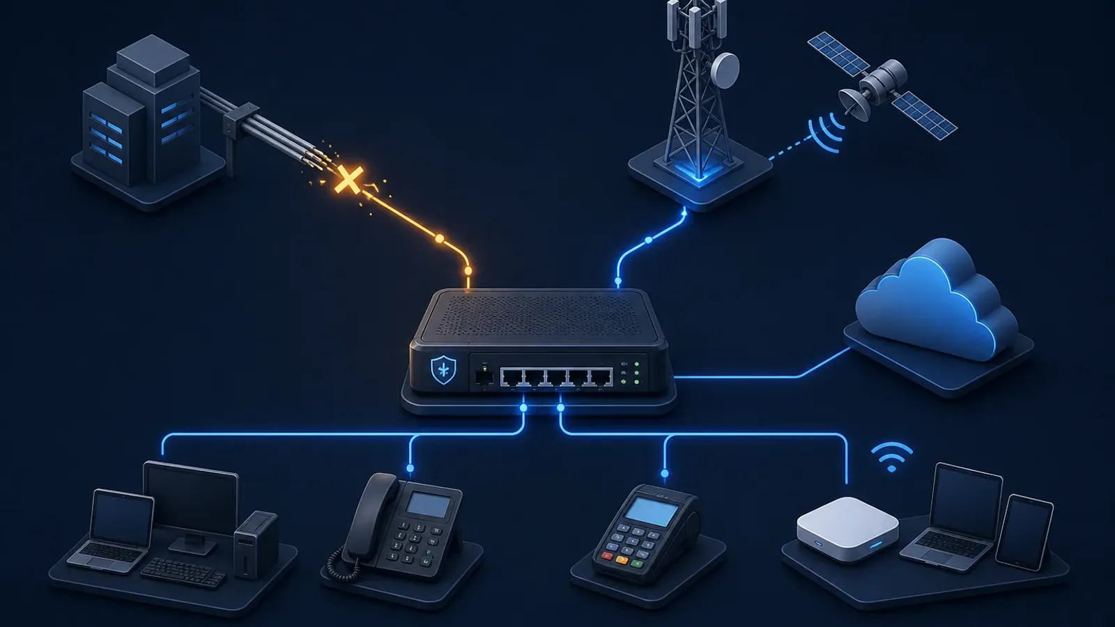 Conceptual dual-WAN network with a failed wired connection and an active cellular and satellite backup path serving cloud, voice, payment, and office devices