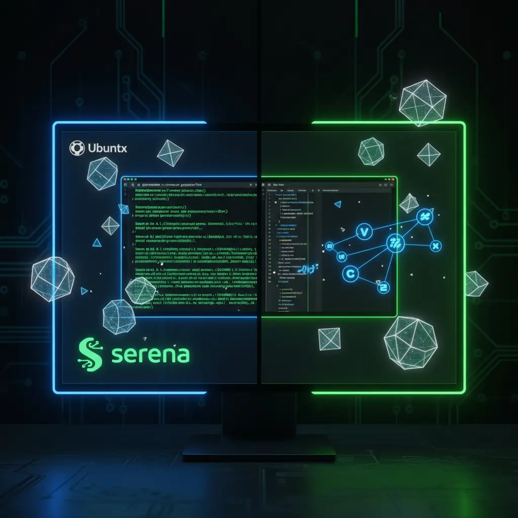 Ubuntu Linux terminal displaying Serena MCP installation commands with symbolic code visualization showing interconnected programming symbols and language server integrations, representing AI-powered semantic code analysis and development workflow automat