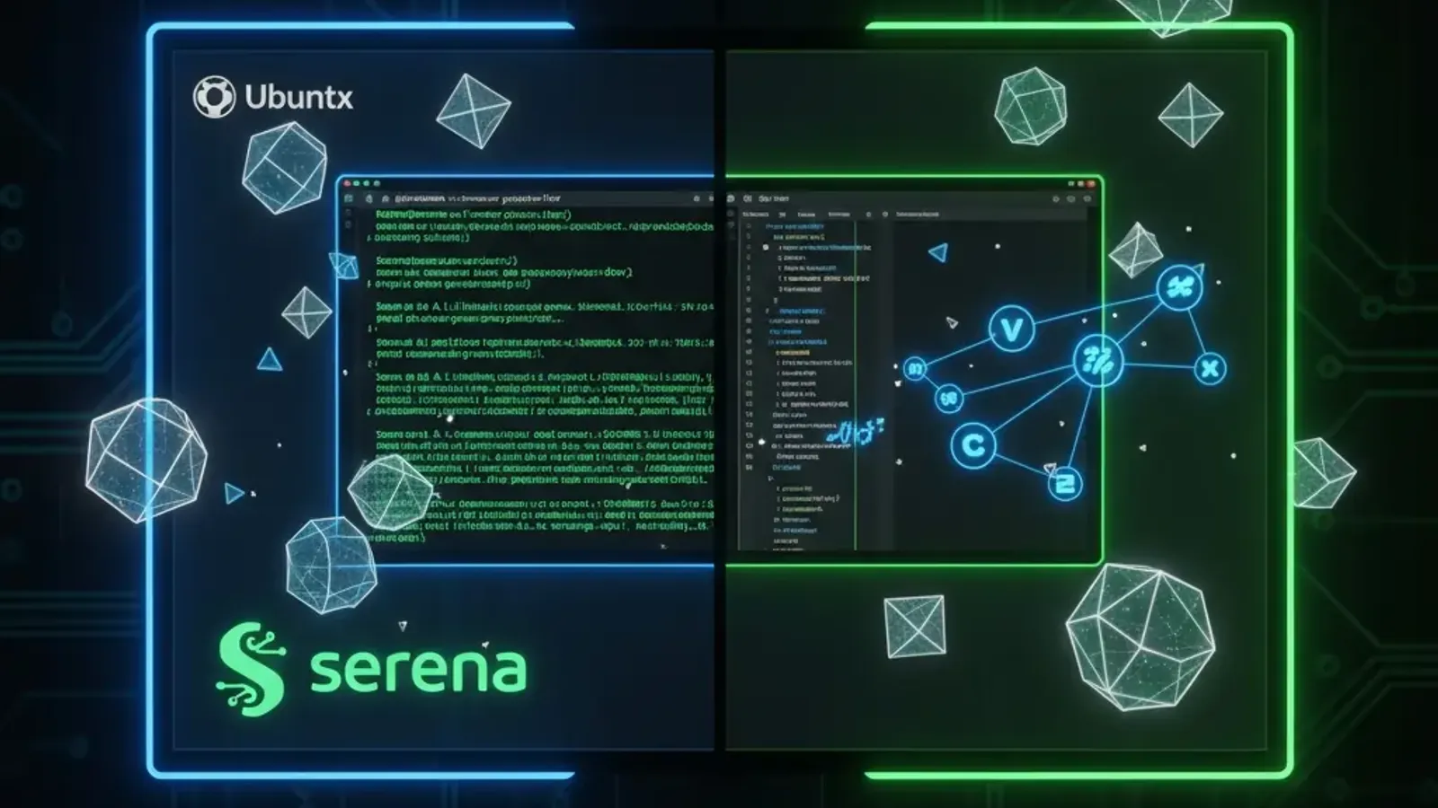 Ubuntu Linux terminal displaying Serena MCP installation commands with symbolic code visualization showing interconnected programming symbols and language server integrations, representing AI-powered semantic code analysis and development workflow automat