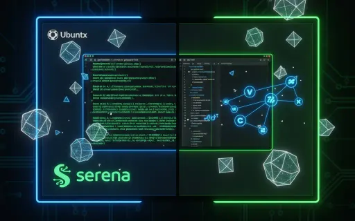 Ubuntu Linux terminal displaying Serena MCP installation commands with symbolic code visualization showing interconnected programming symbols and language server integrations, representing AI-powered semantic code analysis and development workflow automat