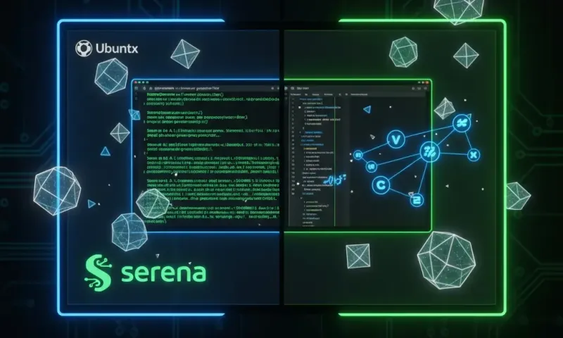 Ubuntu Linux terminal displaying Serena MCP installation commands with symbolic code visualization showing interconnected programming symbols and language server integrations, representing AI-powered semantic code analysis and development workflow automat