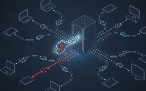 Conceptual isometric illustration of a trusted remote support tool turned into an attack vector unlocking a fleet of managed devices