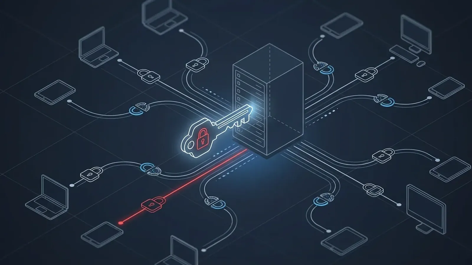 Conceptual isometric illustration of a trusted remote support tool turned into an attack vector unlocking a fleet of managed devices