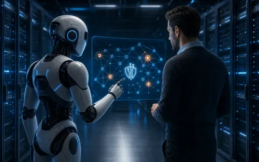 A humanoid security robot and a human security professional review a holographic network map with the ITECS shield in a data center.