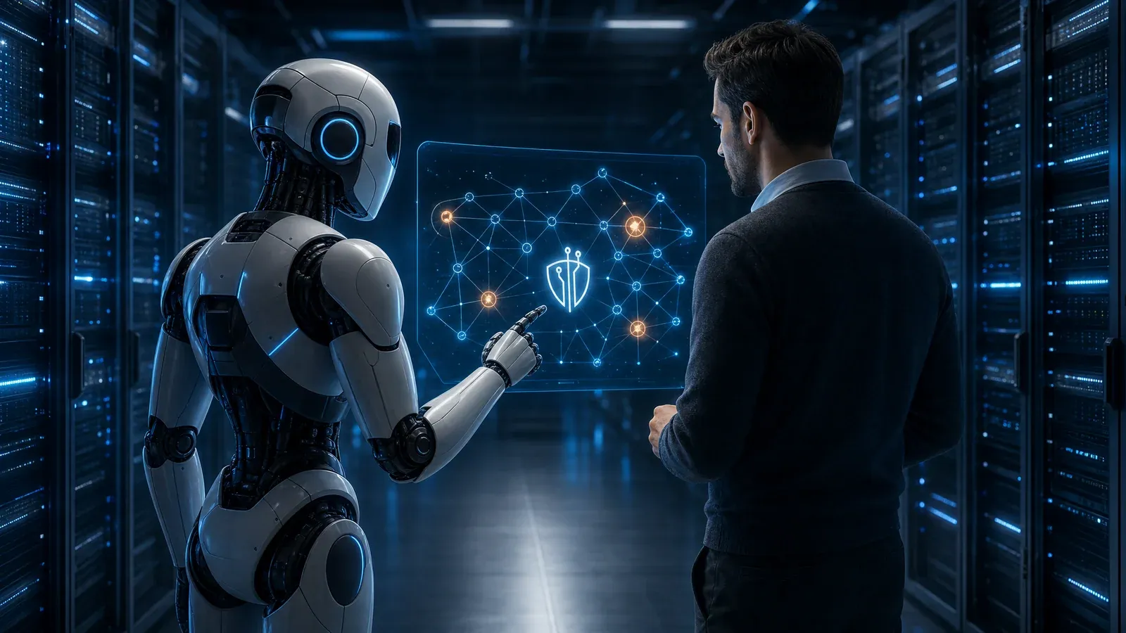 A humanoid security robot and a human security professional review a holographic network map with the ITECS shield in a data center.