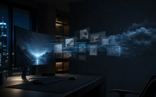 Premium curved computer monitor with unwanted advertising panels and data trails flowing toward a cloud