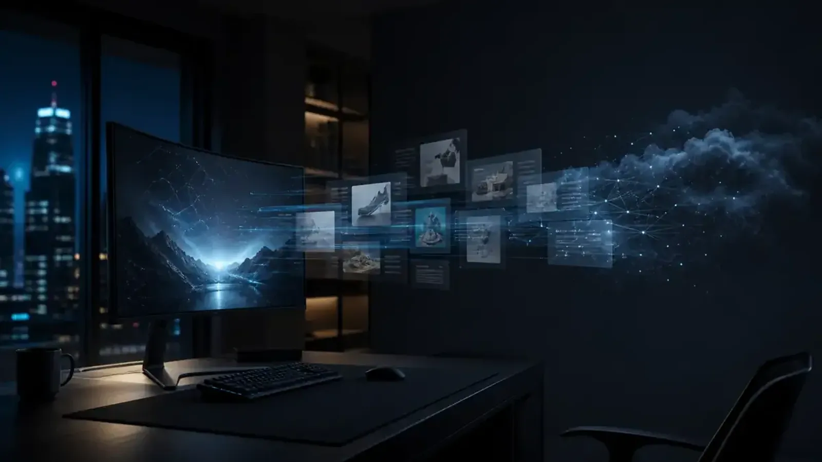 Premium curved computer monitor with unwanted advertising panels and data trails flowing toward a cloud