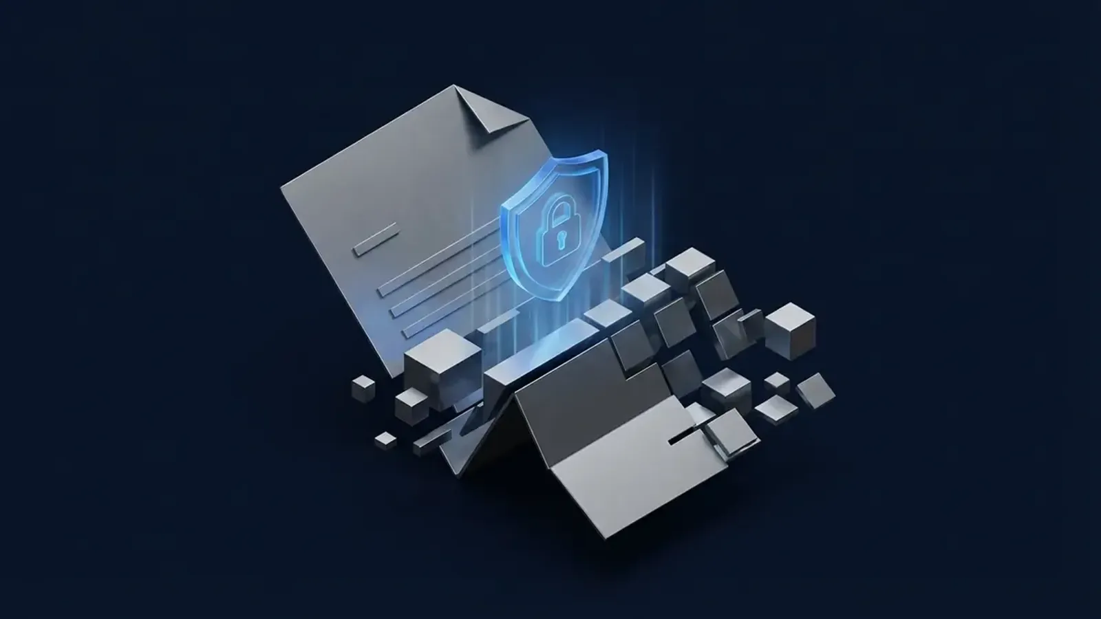 Conceptual illustration of a corporate insurance document transforming into digital security blocks with a glowing cybersecurity shield