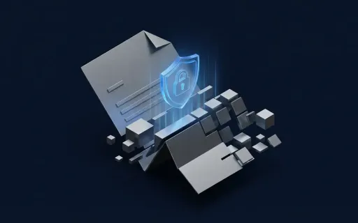 Conceptual illustration of a corporate insurance document transforming into digital security blocks with a glowing cybersecurity shield