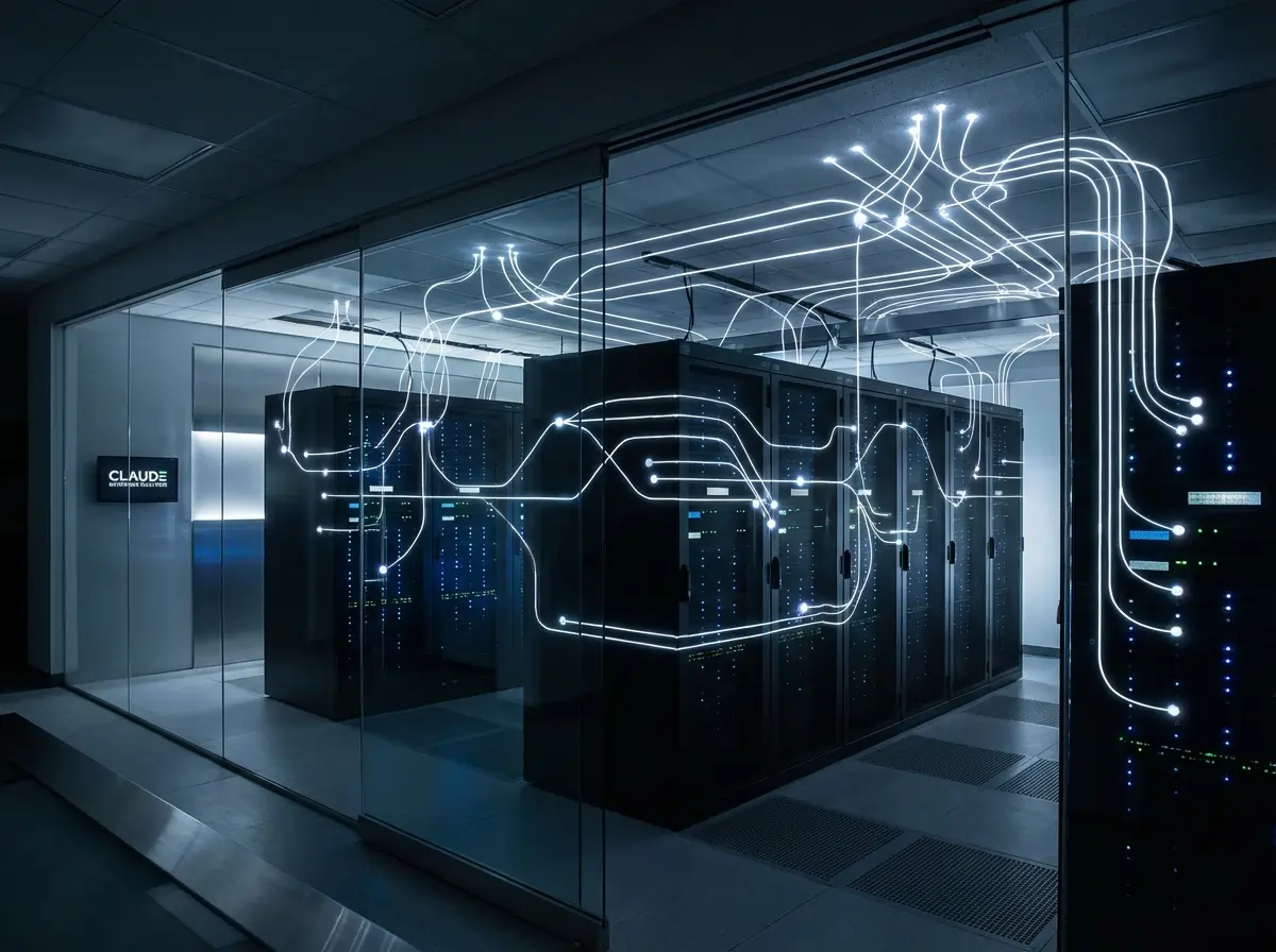 Abstract visualization of interconnected AI agents coordinating across enterprise infrastructure, representing Claude Opus 4.6's new Agent Teams capability for parallel task execution in modern business environments.
