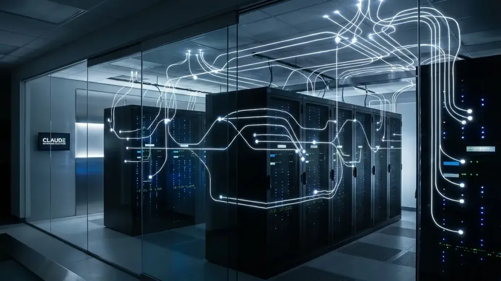 Abstract visualization of interconnected AI agents coordinating across enterprise infrastructure, representing Claude Opus 4.6's new Agent Teams capability for parallel task execution in modern business environments.