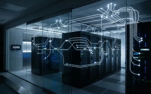 Abstract visualization of interconnected AI agents coordinating across enterprise infrastructure, representing Claude Opus 4.6's new Agent Teams capability for parallel task execution in modern business environments.
