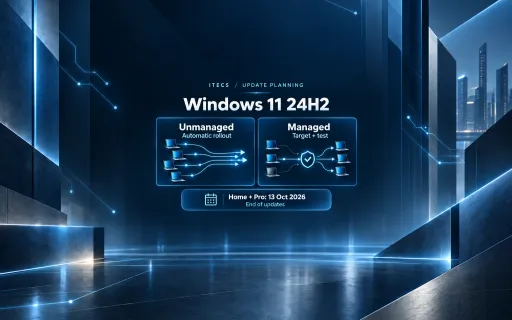 Illustrative Windows 11 24H2 comparison: unmanaged automatic rollout versus managed targeting and testing, with the Home and Pro October 13, 2026 end-of-updates date.