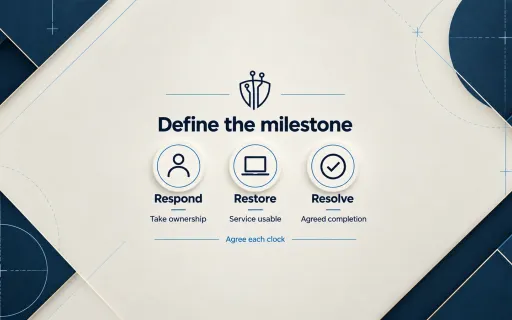 ITECS SLA milestone comparison: Respond means take ownership; Restore means service usable; Resolve means agreed completion. Agree each clock.