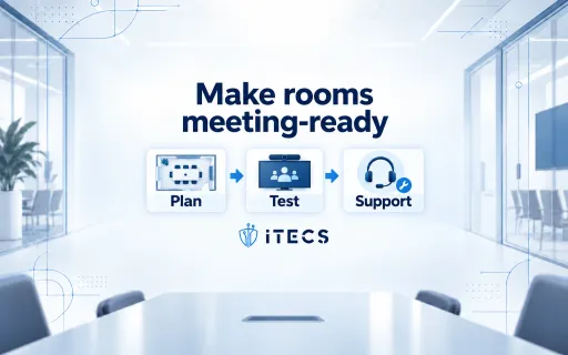 ITECS meeting-room planning workflow connects Plan, Test, and Support beneath the heading Make rooms meeting-ready.