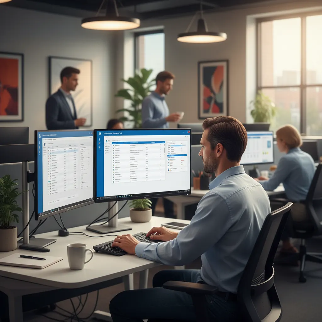 ITECS IT professional managing Microsoft Entra ID migration and identity configuration on dual monitors