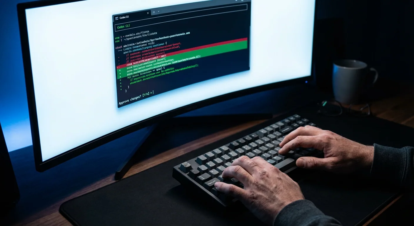 Developer using OpenAI Codex CLI in Windows Terminal on an ultrawide monitor, showing the terminal UI with code diffs and command approvals in a modern workspace.