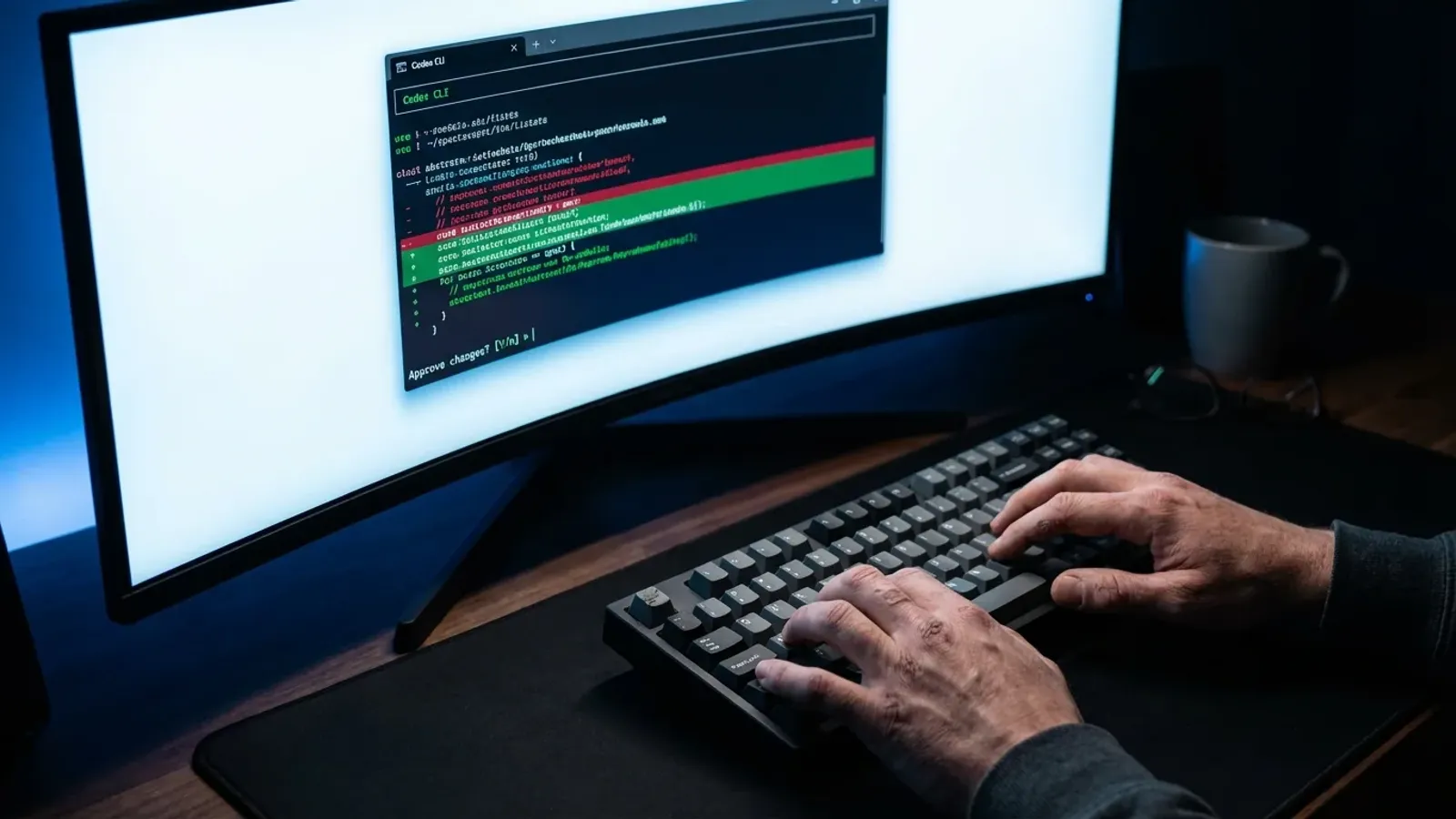 Developer using OpenAI Codex CLI in Windows Terminal on an ultrawide monitor, showing the terminal UI with code diffs and command approvals in a modern workspace.