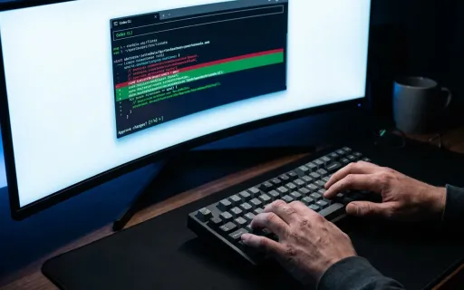 Developer using OpenAI Codex CLI in Windows Terminal on an ultrawide monitor, showing the terminal UI with code diffs and command approvals in a modern workspace.