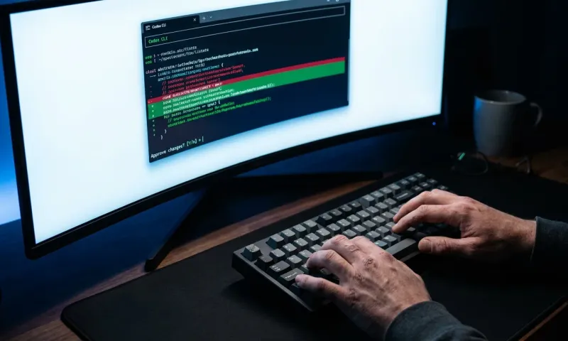 Developer using OpenAI Codex CLI in Windows Terminal on an ultrawide monitor, showing the terminal UI with code diffs and command approvals in a modern workspace.
