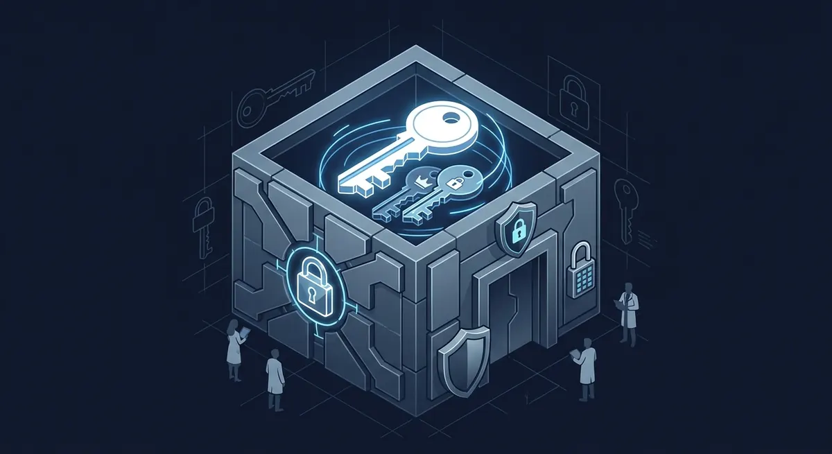 Isometric illustration of a secure vault holding a master key that protects two certificate private keys, guarded by an access-control lock