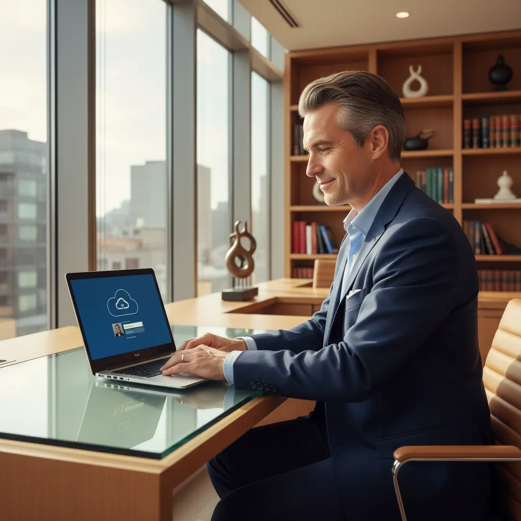 Attorney logging into their laptop in a modern law office, experiencing a seamless cloud-based login after the migration