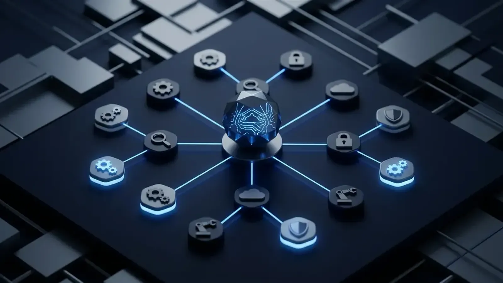 Isometric illustration of a central AI agent node connected to many tool nodes, with several tool nodes subtly highlighted in blue to indicate compromise