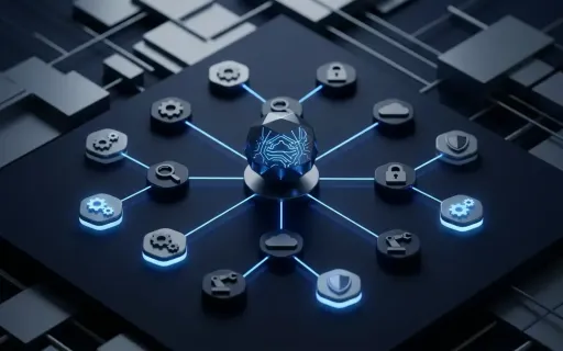 Isometric illustration of a central AI agent node connected to many tool nodes, with several tool nodes subtly highlighted in blue to indicate compromise