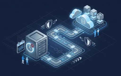 Conceptual illustration of legacy SQL Server 2016 database modernization with an end-of-support clock and a migration path to a modern cloud database