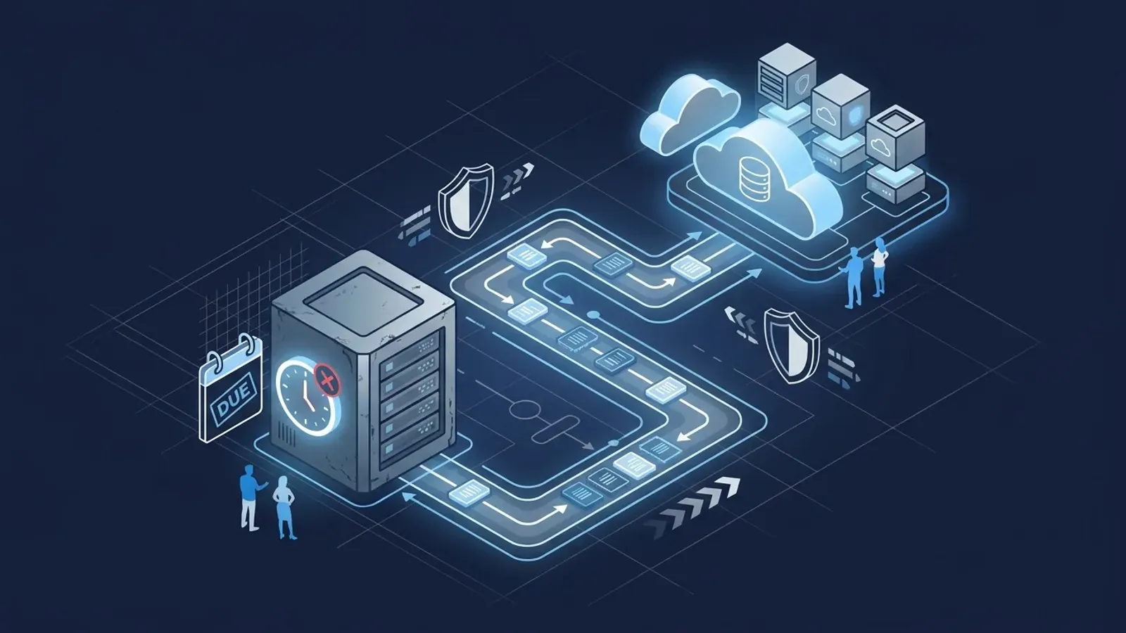 Conceptual illustration of legacy SQL Server 2016 database modernization with an end-of-support clock and a migration path to a modern cloud database