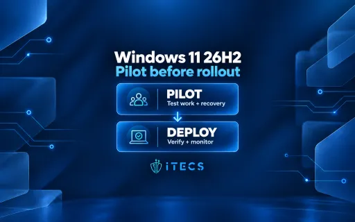ITECS Windows 11 26H2 workflow: pilot by testing work and recovery, then deploy with verification and monitoring.