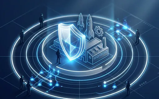 Isometric illustration of defense industrial cybersecurity compliance, a shield protecting an aerospace and manufacturing facility behind layered security rings