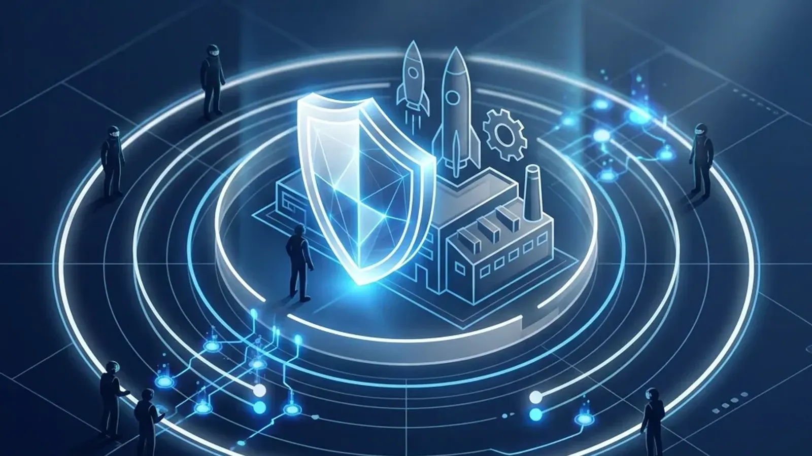 Isometric illustration of defense industrial cybersecurity compliance, a shield protecting an aerospace and manufacturing facility behind layered security rings