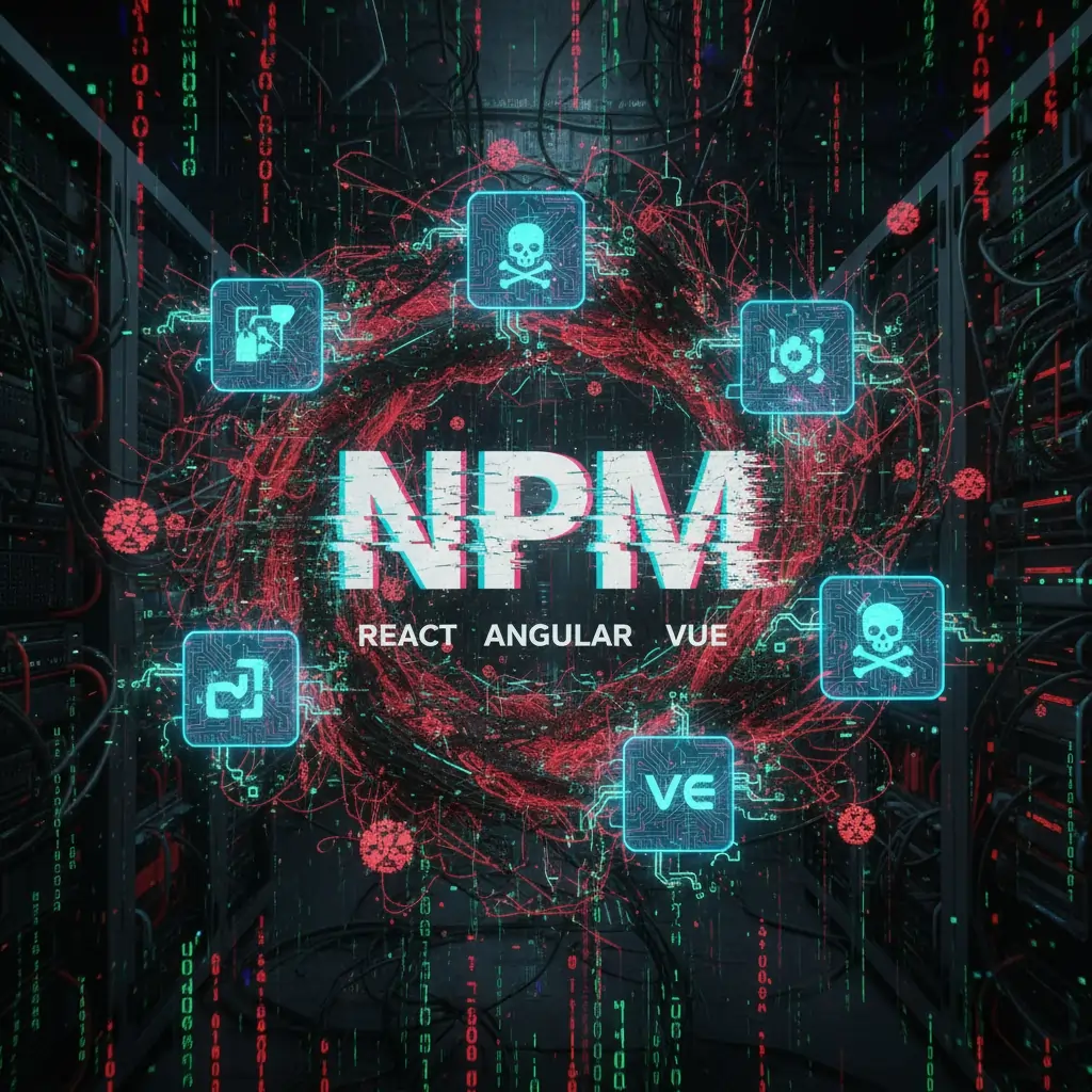 NPM supply change attack image showing icons and threats.