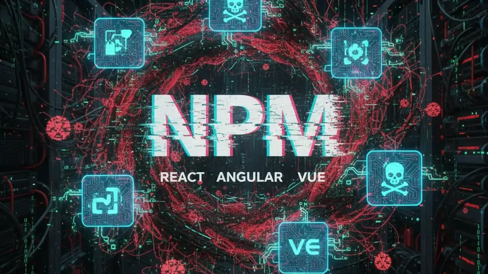 NPM supply change attack image showing icons and threats.