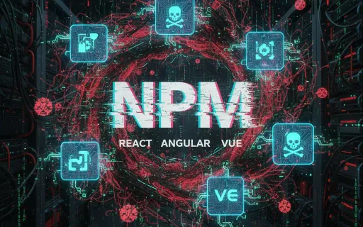 NPM supply change attack image showing icons and threats.