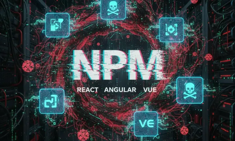NPM supply change attack image showing icons and threats.