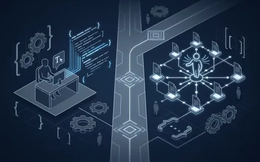 Conceptual illustration contrasting inline code autocomplete with an autonomous multi-file coding agent workflow