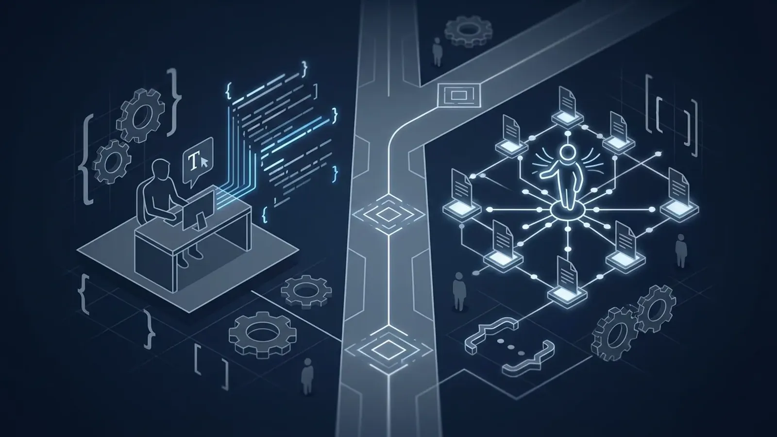 Conceptual illustration contrasting inline code autocomplete with an autonomous multi-file coding agent workflow