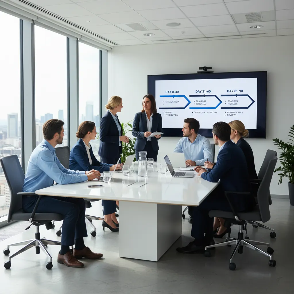 IT team conducting a structured MSP onboarding meeting with a 90-day timeline displayed on screen