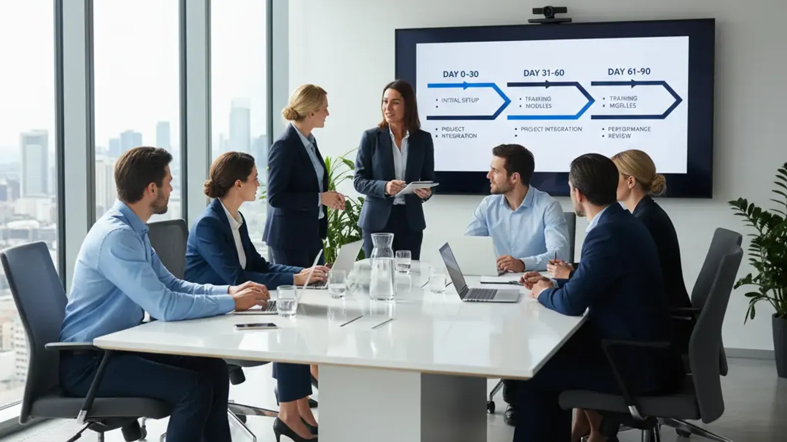 IT team conducting a structured MSP onboarding meeting with a 90-day timeline displayed on screen