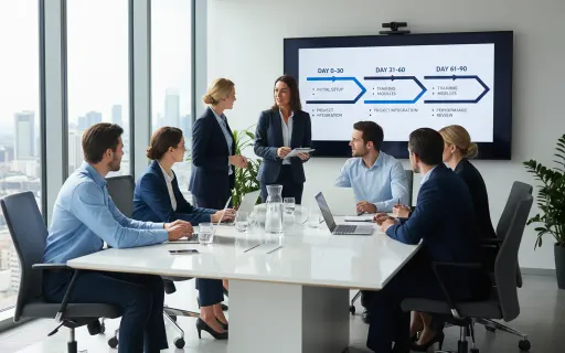 IT team conducting a structured MSP onboarding meeting with a 90-day timeline displayed on screen