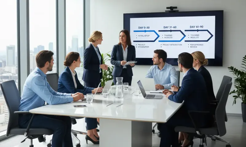 IT team conducting a structured MSP onboarding meeting with a 90-day timeline displayed on screen