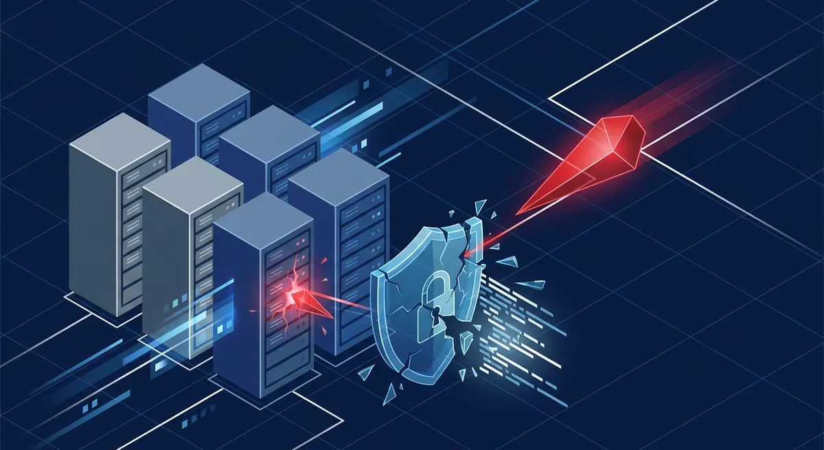 Isometric illustration of a deserialization payload cracking through a shield into an on-premises SharePoint server rack