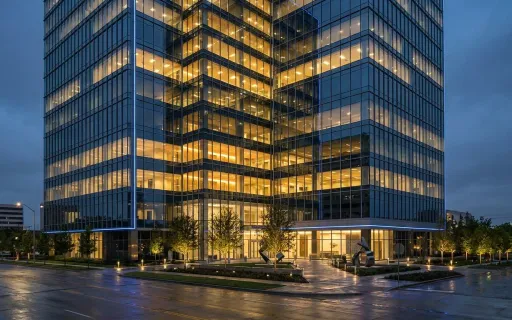 A modern Class A glass office tower at dusk in North Dallas with warm interior lighting and a blue-toned sky