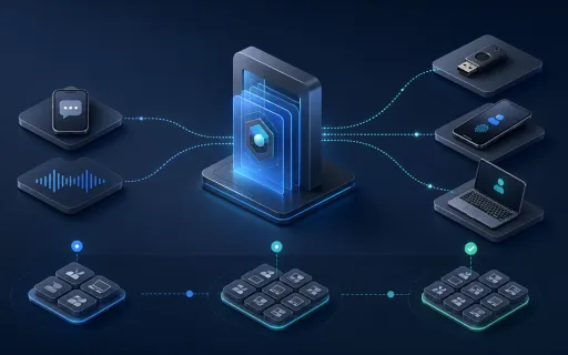 Isometric identity gateway connecting SMS and voice symbols to a security key, smartphone passkey, laptop, and staged device groups